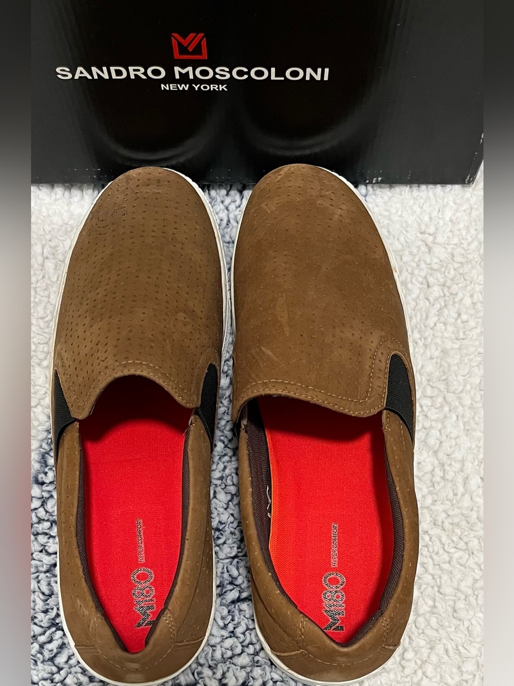 Sandro Moscoloni Brown Suede Slip-On Loafers with Red Insole